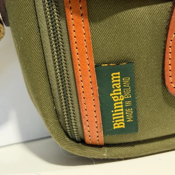 Billingham England Compact Stowaway Camera Green Cognac Brown Leather Handbag - Picture 3 of 15